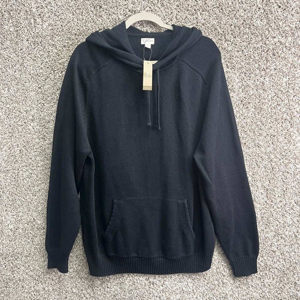 J. Crew Sweater Men's Large Heritage Cotton Black Knit Hooded‎ NWT